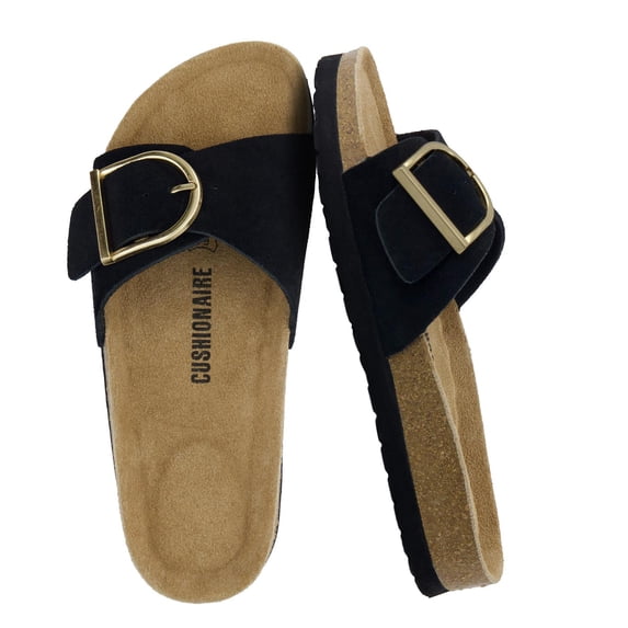 Cushionaire Leeds 100% Genuine Leather Suede Womens Sandals, Comfortable Slides for Women with Adjustable Statement Buckle