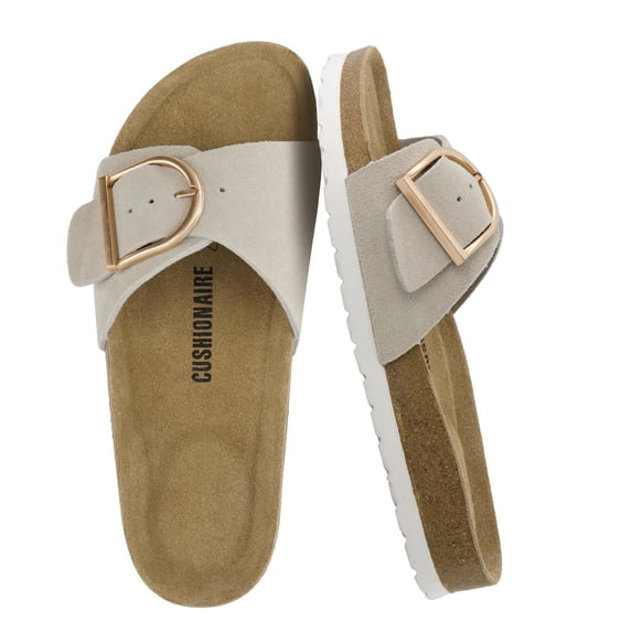 Cushionaire Leeds 100% Genuine Leather Suede Womens Sandals, Comfortable Slides for Women with Adjustable Statement Buckle