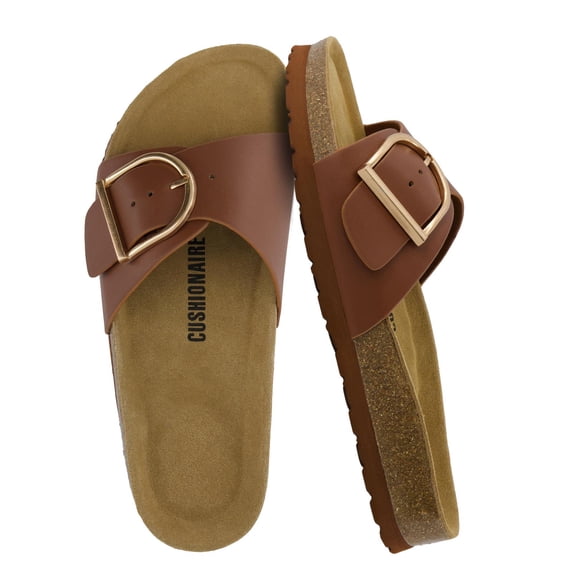 Cushionaire Leeds Sandals for Women, Slip On Big Buckle Slide Womens Sandals with Memory Foam Footbed, Comfortable Summer Footwear