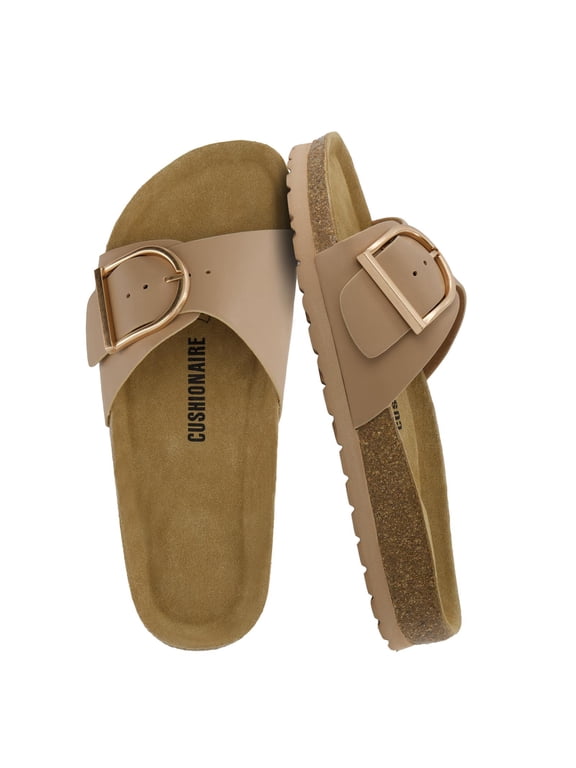 Leeds Sandals for Women, Slip On Big Buckle Slide Womens Sandals with Memory Foam Footbed, Comfortable Summer Footwear