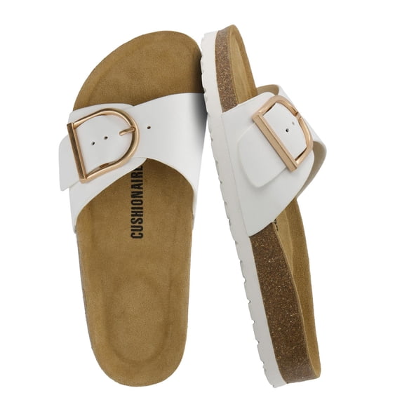 Cushionaire Leeds Sandals for Women, Slip On Big Buckle Slide Womens Sandals with Memory Foam Footbed, Comfortable Summer Footwear