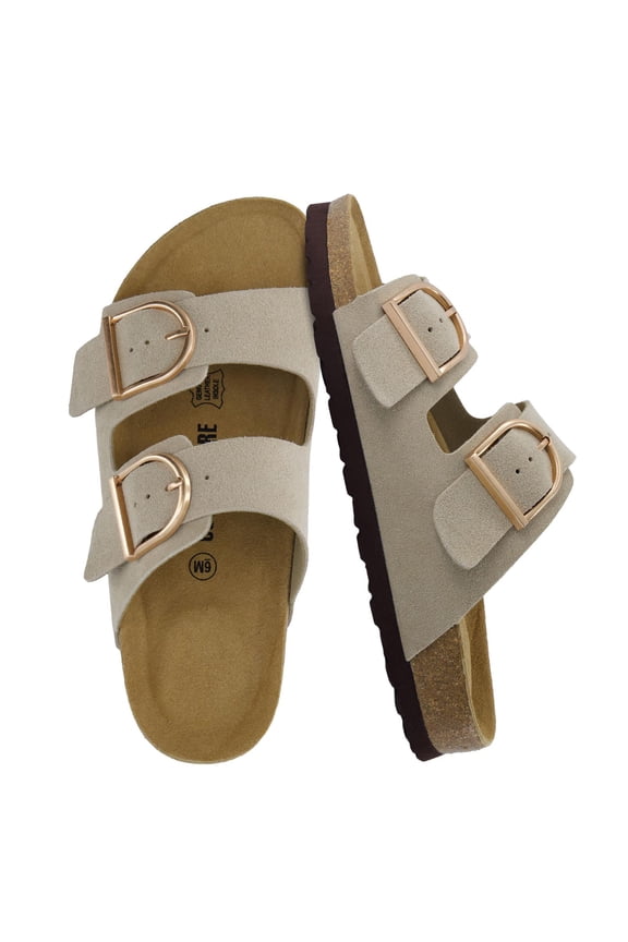 Legacy Cork Footbed Leather Sandals for Women – Genuine Leather Double Strap Slides with Adjustable Buckles + Memory Foam
