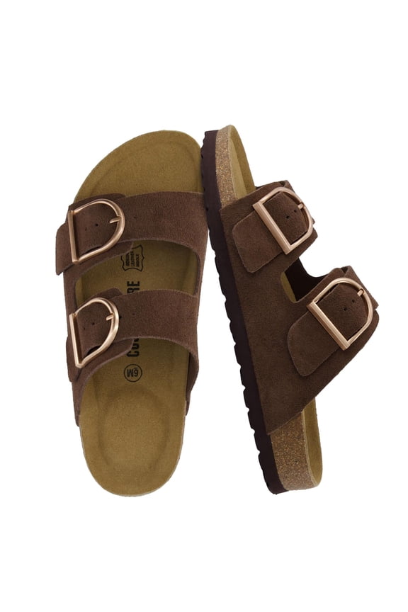Legacy Cork Footbed Leather Sandals for Women – Genuine Leather Double Strap Slides with Adjustable Buckles + Memory Foam