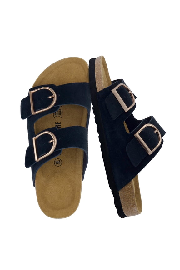 Legacy Cork Footbed Leather Sandals for Women – Genuine Leather Double Strap Slides with Adjustable Buckles + Memory Foam