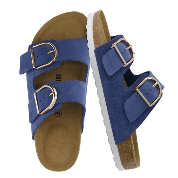 Cushionaire Legacy Cork Footbed Leather Sandals for Women – Genuine Leather Double Strap Slides with Adjustable Buckles + Memory Foam