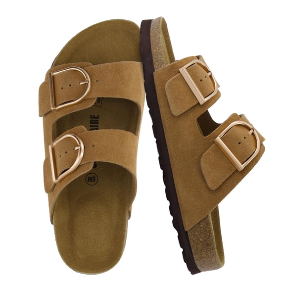 Cushionaire Legacy Cork Footbed Leather Sandals for Women – Genuine Leather Double Strap Slides with Adjustable Buckles + Memory Foam