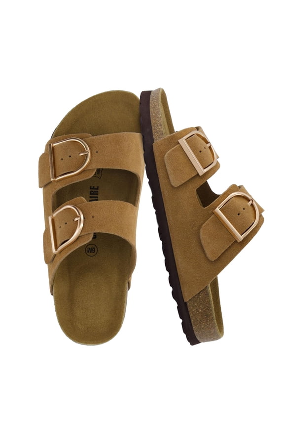 Legacy Cork Footbed Leather Sandals for Women – Genuine Leather Double Strap Slides with Adjustable Buckles + Memory Foam