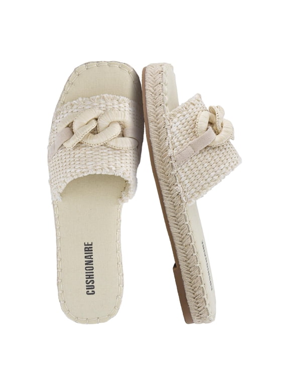 Lucia Raffia Bow Espadrille Sandals for Women, Woven Straw Flat Slide Summer Sandals with Cushioned Footbed