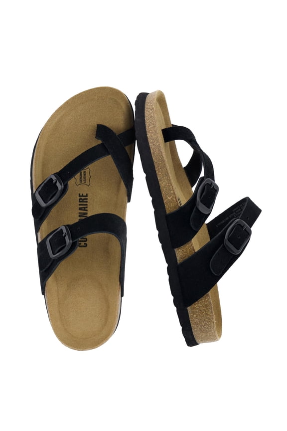 Lucky 100% Genuine Leather Suede Womens Sandals, Comfortable Cork Footbed Slides for Women with Adjustable Buckles