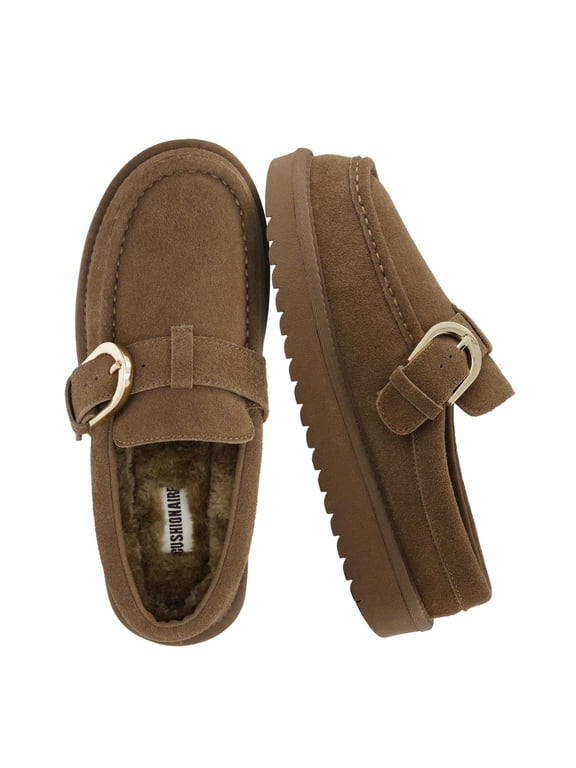 Origin Genuine Suede Mule Clogs for Women, Cozy Slip-On Moc Toe Loafer with Buckle and Faux Fur Cushioned Footbed