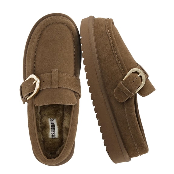 Cushionaire Origin Genuine Suede Mule Clogs for Women, Cozy Slip-On Moc Toe Loafer with Buckle and Faux Fur Cushioned Footbed