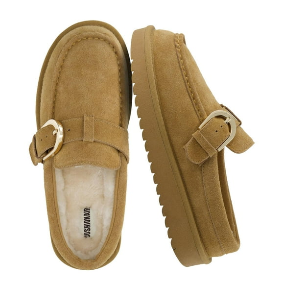 Cushionaire Origin Genuine Suede Mule Clogs for Women, Cozy Slip-On Moc Toe Loafer with Buckle and Faux Fur Cushioned Footbed