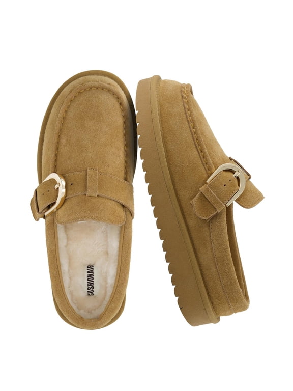 Origin Genuine Suede Mule Clogs for Women, Cozy Slip-On Moc Toe Loafer with Buckle and Faux Fur Cushioned Footbed
