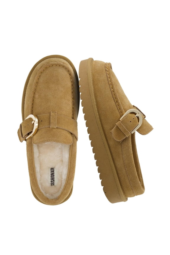 Origin Genuine Suede Mule Clogs for Women, Cozy Slip-On Moc Toe Loafer with Buckle and Faux Fur Cushioned Footbed