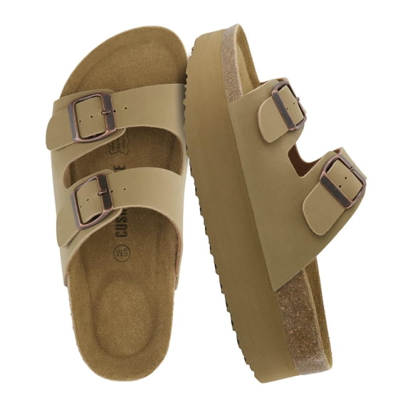 Cushionaire Plane Comfortable Platform Womens Sandals with Double Buckle Straps and Genuine Suede Cushioned Footbed, Wide Widths Available