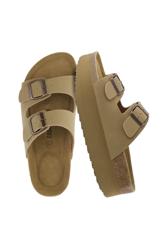 Plane Comfortable Platform Womens Sandals with Double Buckle Straps and Genuine Suede Cushioned Footbed, Wide Widths Available