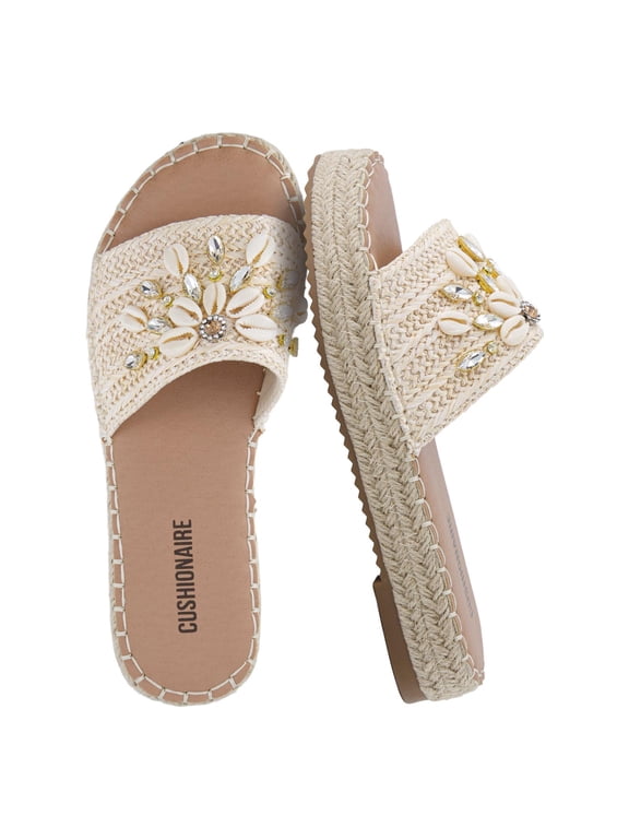 Playa Espadrille Platform Sandals for Women, Decorative Shell Embellishment and Boho Woven Detail Womens Slides