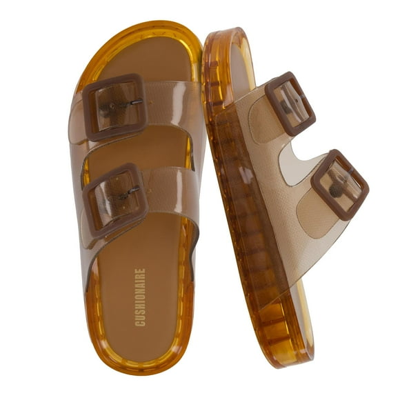 Cushionaire Pool Slides For Women Waterproof Double Buckle Adjustable Slip-On Womens Sandals For Beach Shower Casual Wear