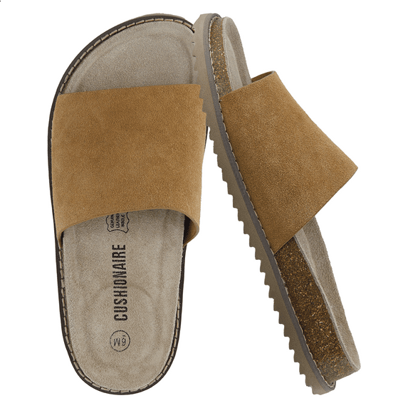 Cushionaire Ritual Suede Slide Sandals for Women - Slip On Womens Leather Sandals with Cushioned Cork Footbed and Arch Support