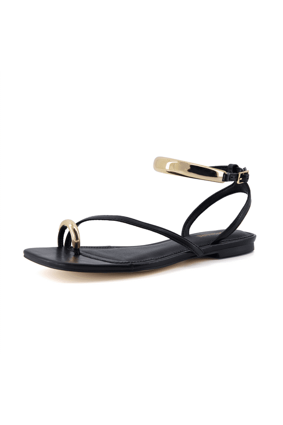 Secret Flat Sandals for Women with Gold Ankle Cuff and Toe Ring Strap, Vegan Leather Dress Sandals
