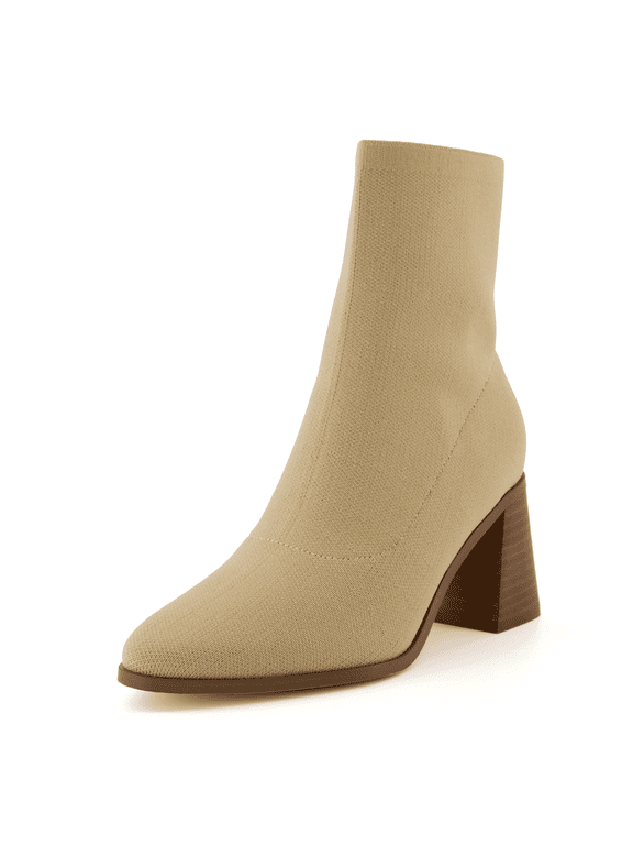 Sterling Ankle Boots for Women | Stretch Knit Slip on Boots with Genuine Leather Heel and Memory Foam Padding | Stylish 2.75 Inch Block Heel Boots with Wide Widths Available
