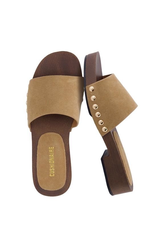 Timmi 100% Genuine Leather Suede Slides for Women, Slip On Low Heeled Dress Sandal with Studded Detail