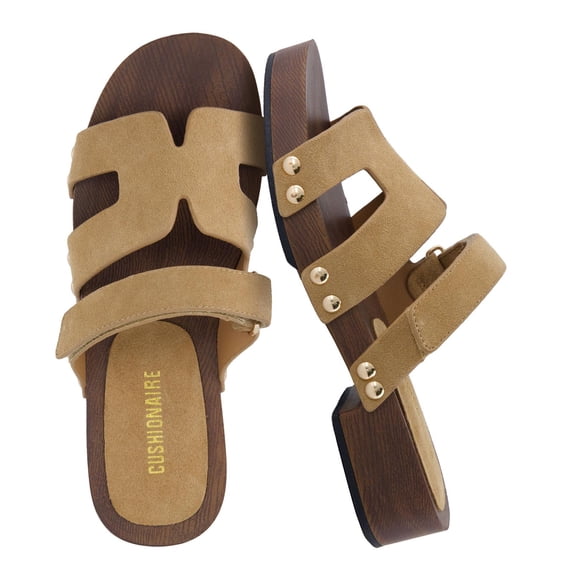 Cushionaire Tokyo 100% Genuine Leather Suede Platform Sandals for Women Adjustable Strap Heeled Slide with Memory Foam Comfort