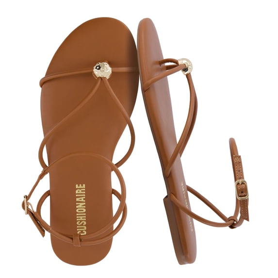Cushionaire Tory Strappy Flat Sandals for Women, Toe Ring Sandals with Adjustable Buckle Ankle Strap, Wrap Style