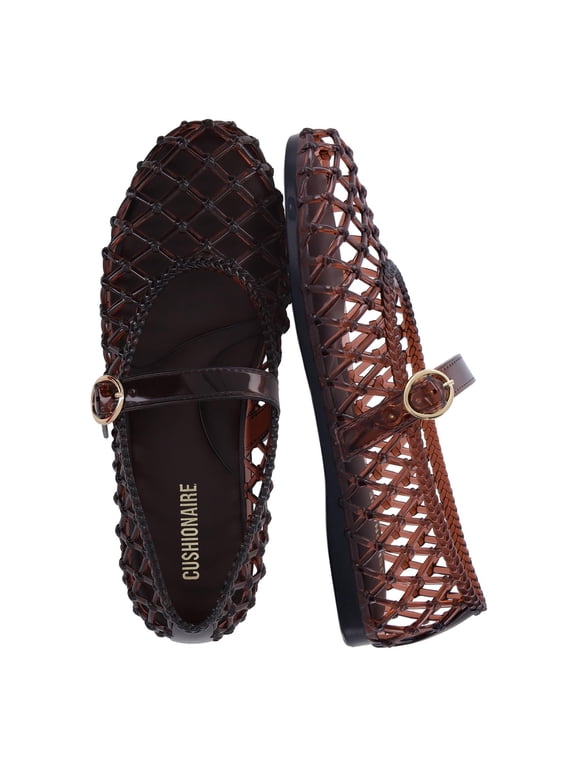 Twist Mary Jane Jelly Flats for Women with Adjustable Buckle | Translucent Clear Upper, Open Weave Design, Secure Strap, Comfort Foam Footbed, Water-Friendly Jelly Sandals, Closed Toe