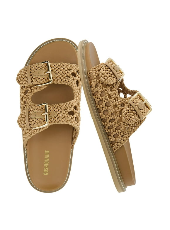 Weaver Summer Sandals for Women - Shiny Raffia Woven Slip On Womens Slides with Adjustable Buckle