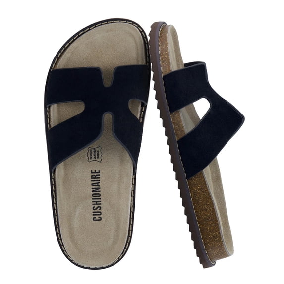 Cushionaire Wisdom Womens Suede Sandals | Genuine Leather Slides with Cutout Strap | Slip On Cork Footbed Slide Sandals for Women