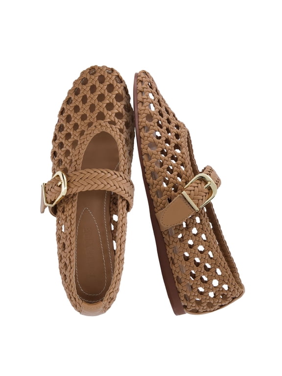 Wit Hand Woven Flats for Women | Mary Jane Ballet Flats with Adjustable Braided Buckle Strap | Classic Woven Flat Design for Everyday Casual Outfits