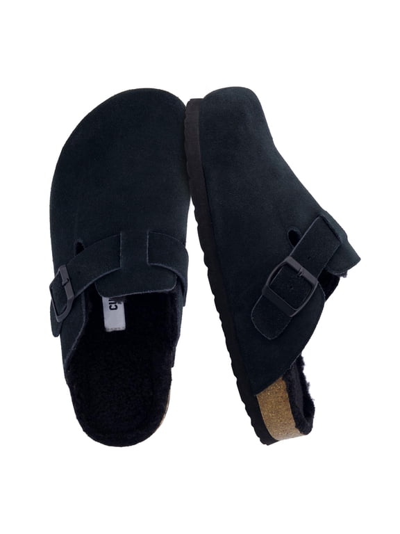 Hana Womens Fur Clogs | Comfortable Genuine Suede Clogs for Women with Faux Fur Lining | Slip On Potato Shoes with Cork Footbed & Arch Support | Memory Foam, Wide Widths Available