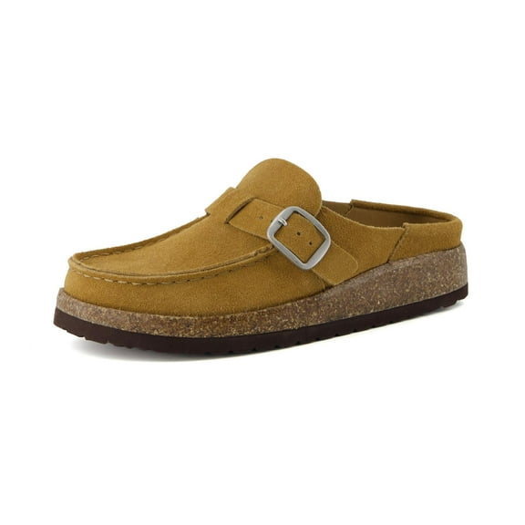 Cushionaire Women's Hobby Genuine Leather Cork Footbed Clog with Comfort, Arch Support, Buckle Strap, Slip-On Mules