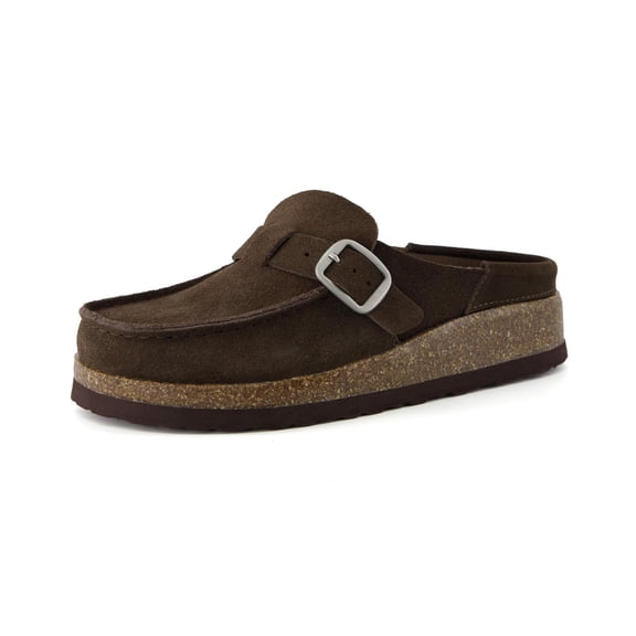Cushionaire Women's Hobby Genuine Leather Cork Footbed Clog with Comfort, Arch Support, Buckle Strap, Slip-On Mules