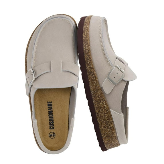 Cushionaire Women's Hobby Genuine Leather Cork Footbed Clog with Comfort, Arch Support, Buckle Strap, Slip-On Mules