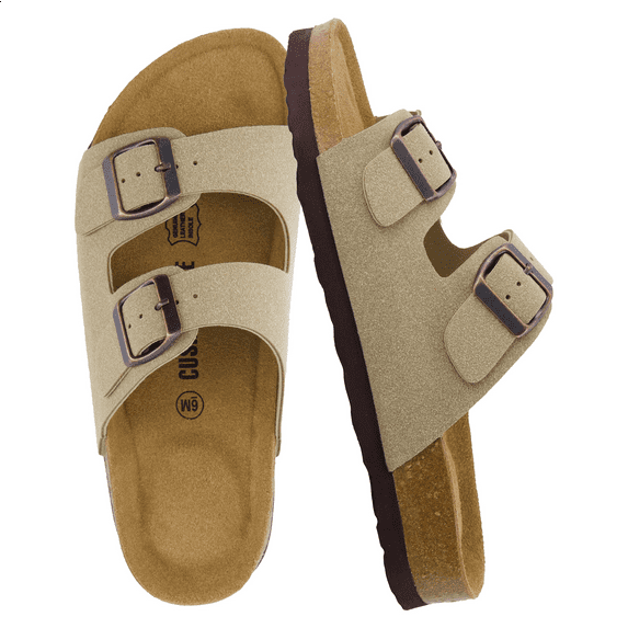 Cushionaire Lane Cork Footbed Sandals for Women – Comfortable Double Buckle Slip-On with Genuine Suede Footbed & Arch Support Slides for Women Footwear