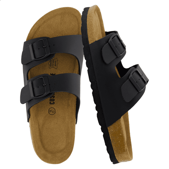 Cushionaire Lane Cork Footbed Sandals for Women – Comfortable Double Buckle Slip-On with Genuine Suede Footbed & Arch Support Slides for Women Footwear