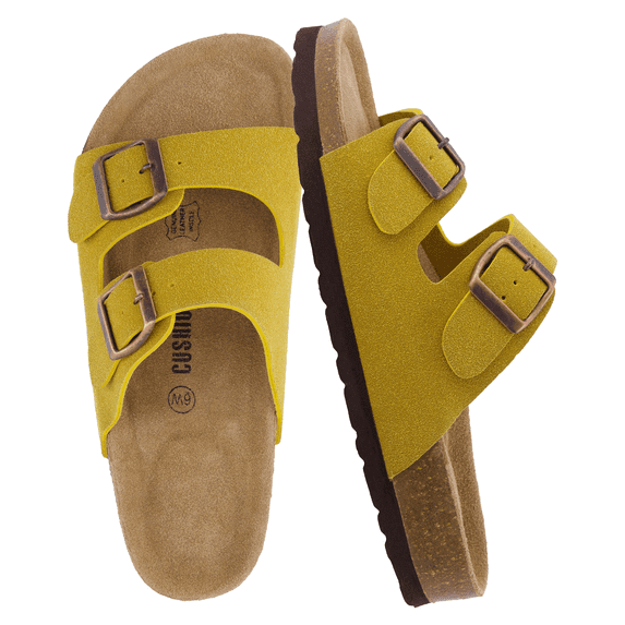 Cushionaire Lane Cork Footbed Sandals for Women – Comfortable Double Buckle Slip-On with Genuine Suede Footbed & Arch Support Slides for Women Footwear