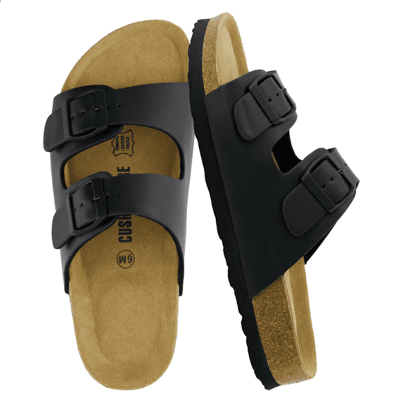 Cushionaire Lane Cork Footbed Sandals for Women – Comfortable Double Buckle Slip-On with Genuine Suede Footbed & Arch Support Slides for Women Footwear