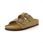 CUSHIONAIRE Lane Cork Footbed Sandals for Women - Comfortable Double Buckle Slip-On with Genuine Suede Footbed & Arch Support Slides for Women Footwear, TAUPE 10