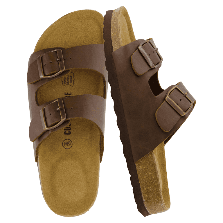 Cushionaire Double-Buckle Slide Sandals in Brown 10 W CUSHIONAIRE, Cushion Slides, Brown, Comfortable Double  main image 3