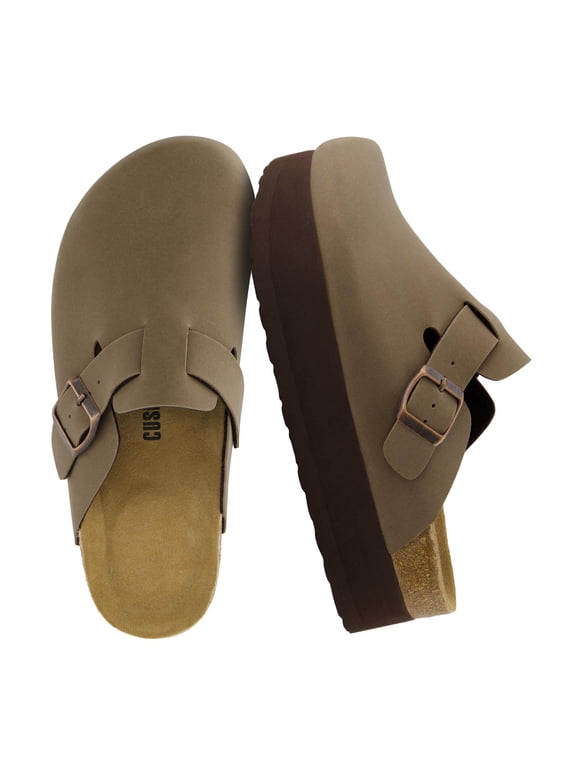 Loom Platform Clogs for Women | Stylish Vegan Leather Closed Toe Clogs with Adjustable Buckle and Memory Foam Cork Footbed | Classic Platform Mule Design for Everyday Indoor-Outdoor Wear