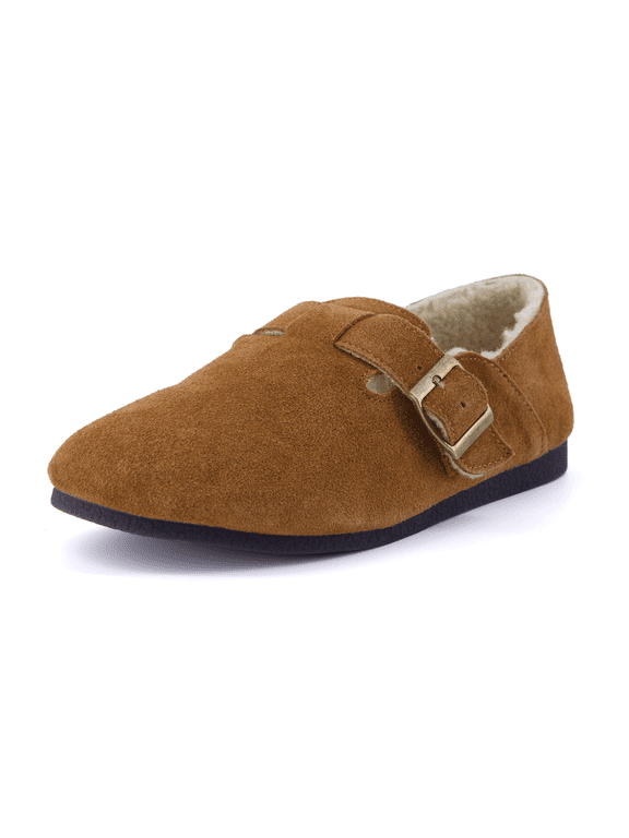 Nest Genuine Suede Slip On Shoes For Women | Cozy Faux Shearling Lined Clogs With Memory Foam Padding | Adjustable Buckle Comfort Clogs With Non Slip Sole