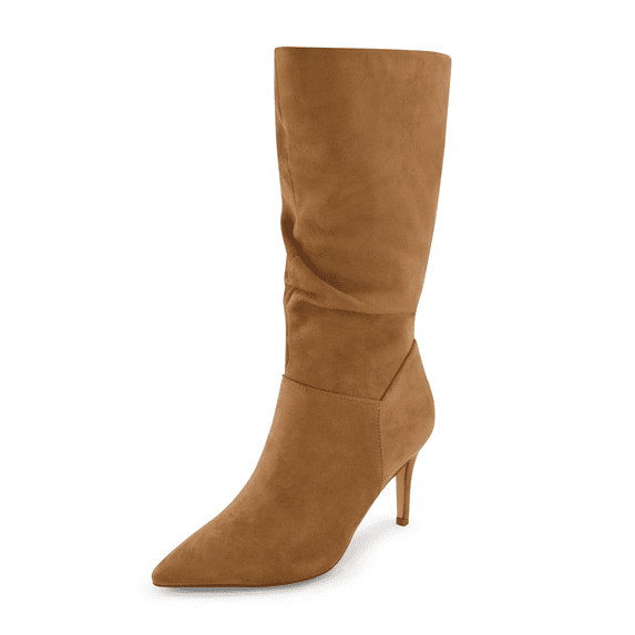 Cushionaire Women's Porsha Slouchy Vegan Suede Mid-Calf Scrunch Boot with Pointed Toe, Memory Foam & 3-Inch Heel | Wide Widths Available