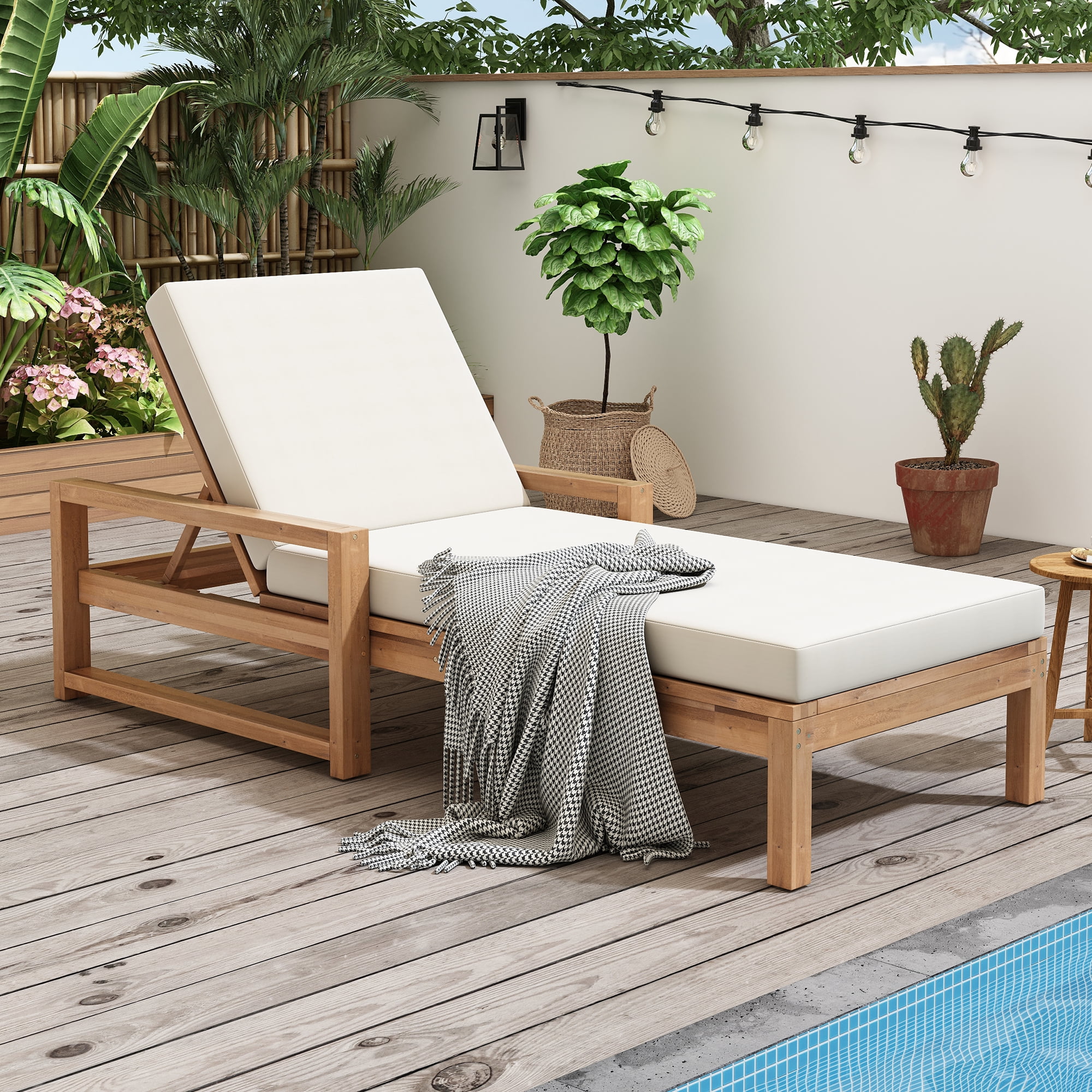 Cushioned 5 Position Lounge Chair, Outdoor Patio Recliner with Soft Pad for Backyard Deck, Light Teak