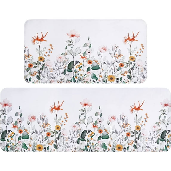 Cushioned Anti Fatigue Kitchen Mats for Floor, Spring Floral Kitchen Rug Mat, Flowers Kitchen Rugs and Runners Non Skid Washable, PVC Kitchen Sink Mat Set 2 Piece, 18'''' x 48'''' + 18'''' x 30''''