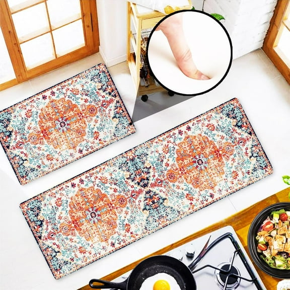 Cushioned Anti Fatigue Orange Boho Kitchen Rugs and Mats for Floor Set of 2, Modern Farmhouse Boho Kitchen Decor Non Slip Mats Washable, Non Skid Kitchen Runner Rug Office Standing Mat