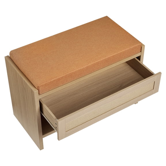Cushioned Farmhouse Shoe Storage Bench, Built-in Drawer and Open Shelving for Home Entryway and Mudroom Organization