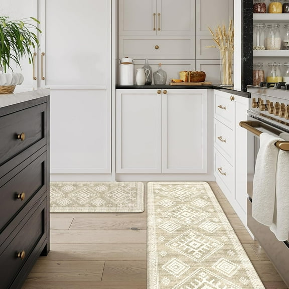 Cushioned Kitchen Floor Mats, Non Slip Kitchen Rugs Set of 2, Tan Anti-Fatigue Kitchen Mat Waterproof, Ergonomic Memory Foam Standing Mat for Bar,Office,Desk,Laundry